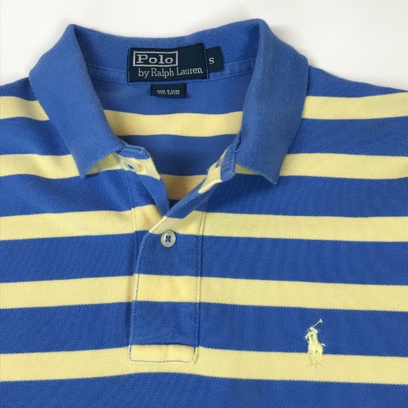 Polo Ralph Lauren Short Sleeve Shirt Mens SM Blue Yellow Striped 2 Button Collar - Picture 3 of 5